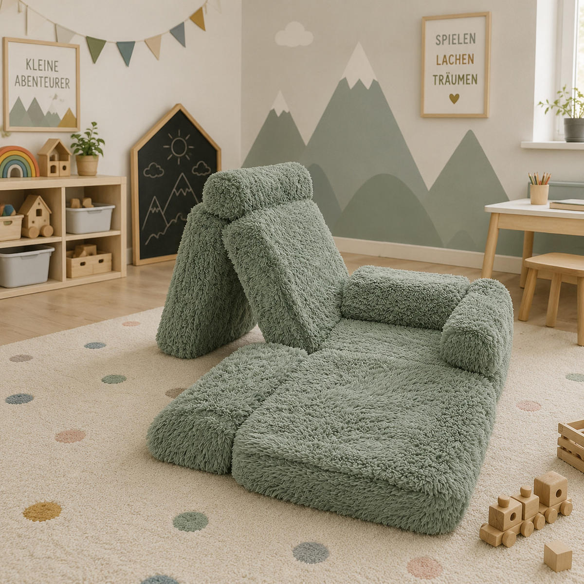KINDERSOFA Mammoth 6-teilig flauschig - Salbeigrün, Textil (120/25/60cm) - MeowBaby