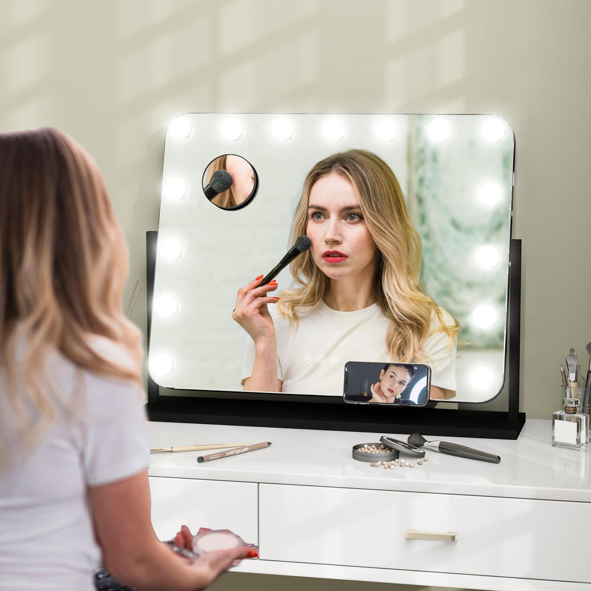 HOLLYWOOD Spiegel mit Beleuchtung, Schminkspiegel mit 14 LED Licht, 3 Lichtfarben - Schwarz, Glas (14/52/62.5cm) - HOMCOM