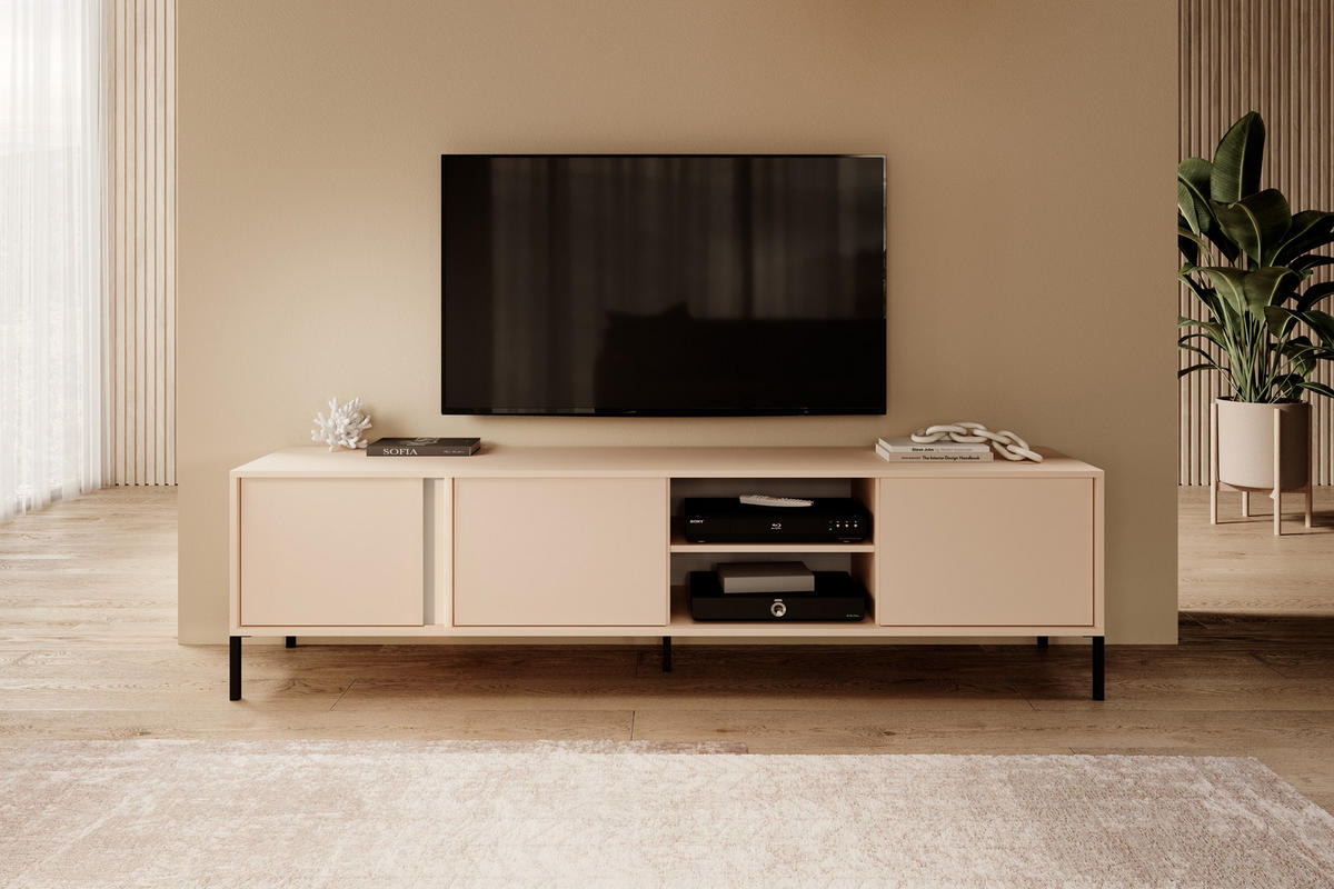 LOWBOARD Piemontesia 3T Beige 202,9/53,4/39,5 cm – mit Push-to-Open-Funktion - Beige/Schwarz, Holzwerkstoff/Metall (202.9/53.4/39.5cm) - AX Living