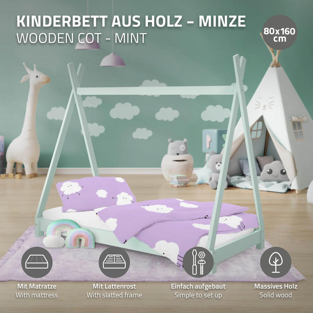 KINDERBETT Tipi mit Matratze 80x160 cm Mint - Grün, Holz (80/160cm) - ML-DESIGN