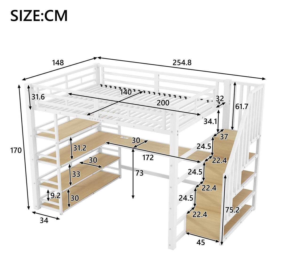 HOCHBETT 140/200 cm aus Metall mit Schreibtisch, Stauraumtreppe, Regal, LED und USB-Ladestation, Weiß - Weiß, Holzwerkstoff (140/200cm) - Redom
