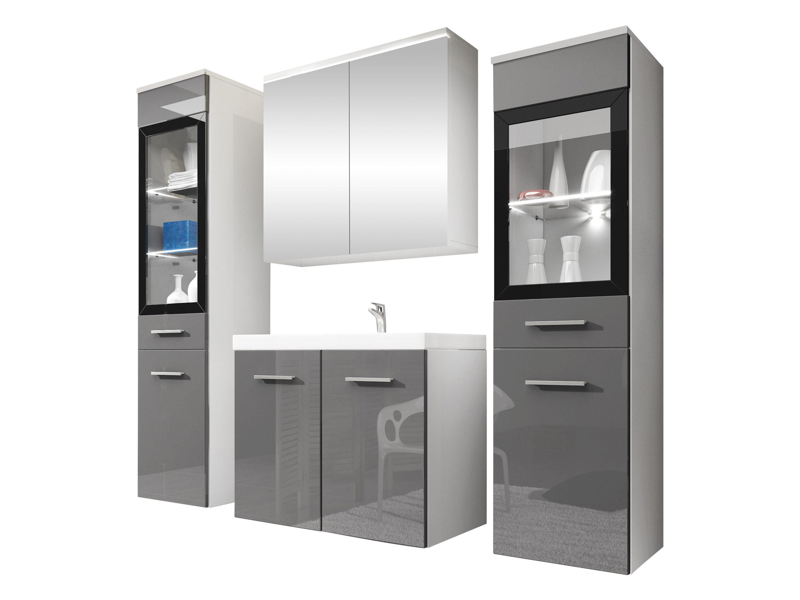 BADMÖBEL-SET Madrit II mit weißer LED Beleuchtung - Silberfarben/Grau, Holzwerkstoff/Kunststoff (132/132/30cm) - MIRJAN24