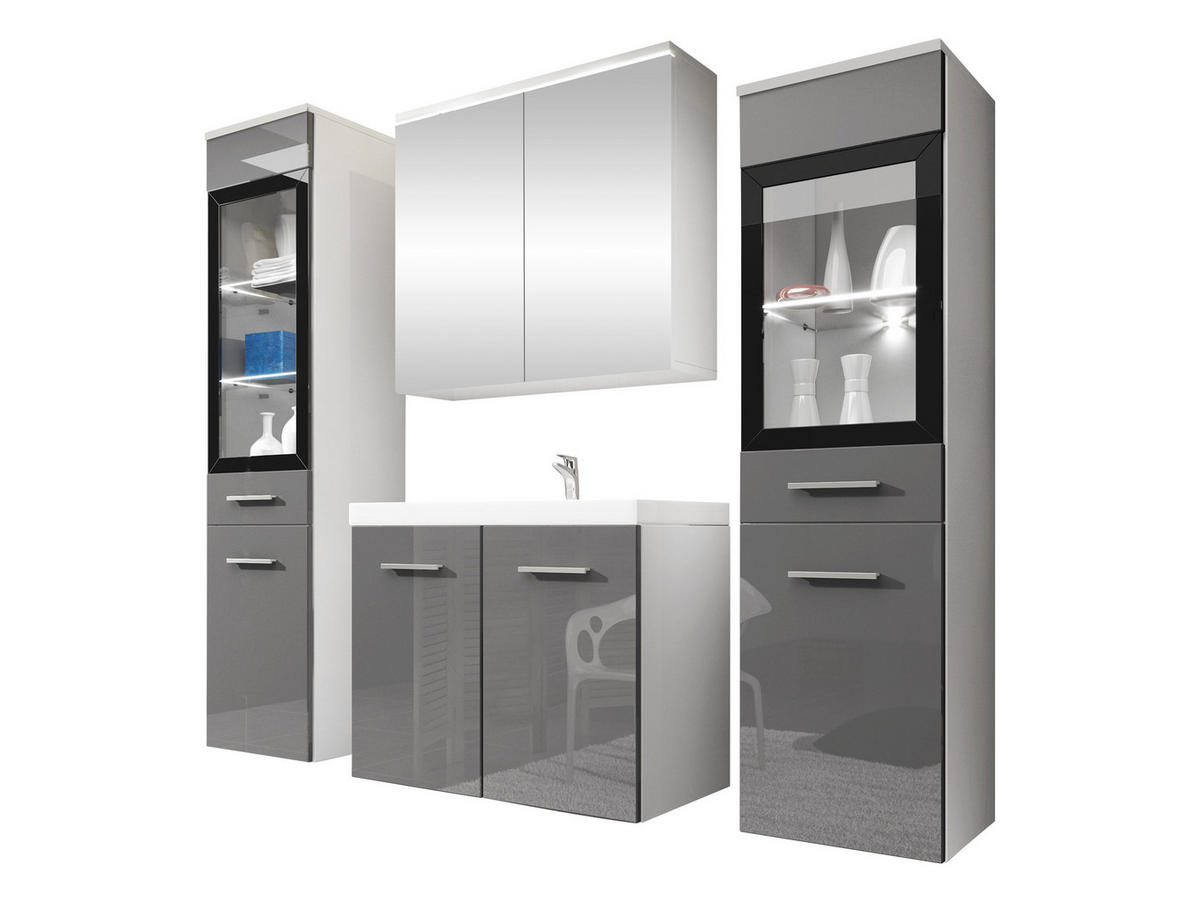 BADMÖBEL-SET Madrit II mit weißer LED Beleuchtung - Silberfarben/Grau, Holzwerkstoff/Kunststoff (132/132/30cm) - MIRJAN24