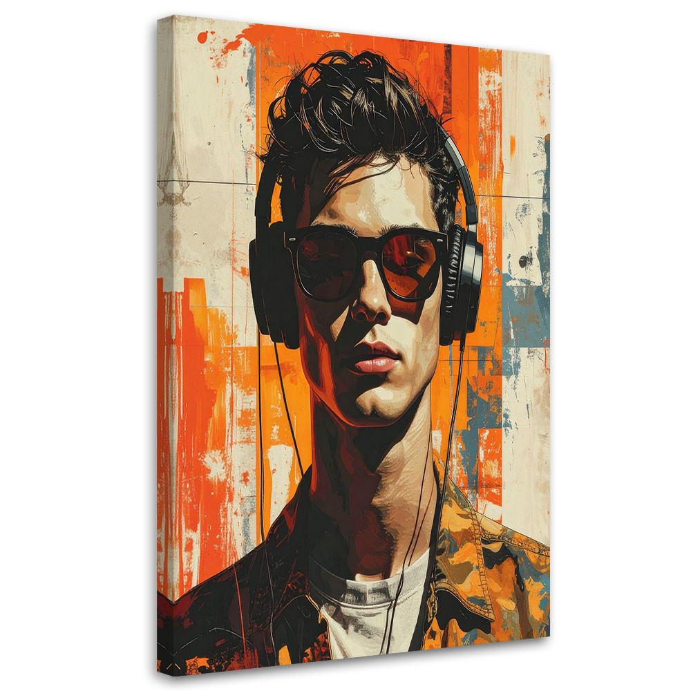 BILD auf Leinwand, Männliches Porträt mit Brille und orangefarbenen Akzenten - Orange, Textil (20/30cm) - Feeby