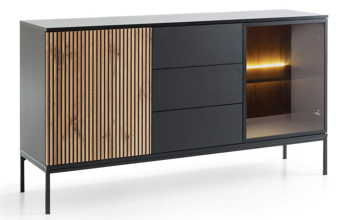 KOMMODE Sento schwarz / Wotan Eiche 154 / 39 / 83cm - Eiche Wotan/Schwarz, Holz/Holzwerkstoff (154/83/39cm) - Feldmann-Wohnen