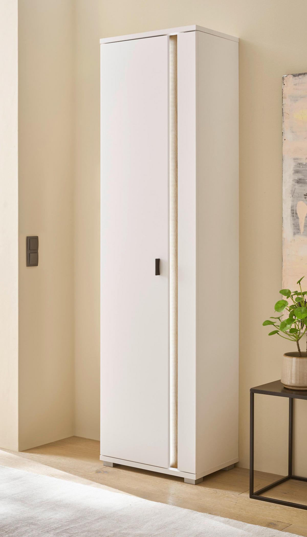 STAURAUMSCHRANK weiß matt, Eiche Wotan 55 x 200 cm, Mehrzweckschrank inklusive Frontbeleuchtung - Silberfarben/Eiche Wotan, Holzwerkstoff/Kunststoff (55/200/35cm) - Furn.Design
