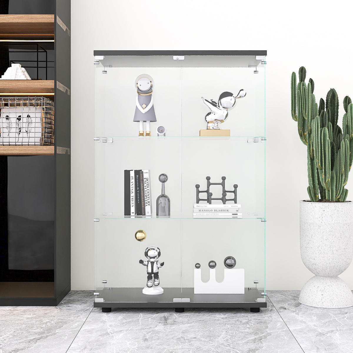 GLASVITRINE freistehend 2 Türen Schloss 4 Fächer schwarz - Schwarz, Holz (80/125/36cm) - LEBENLANG