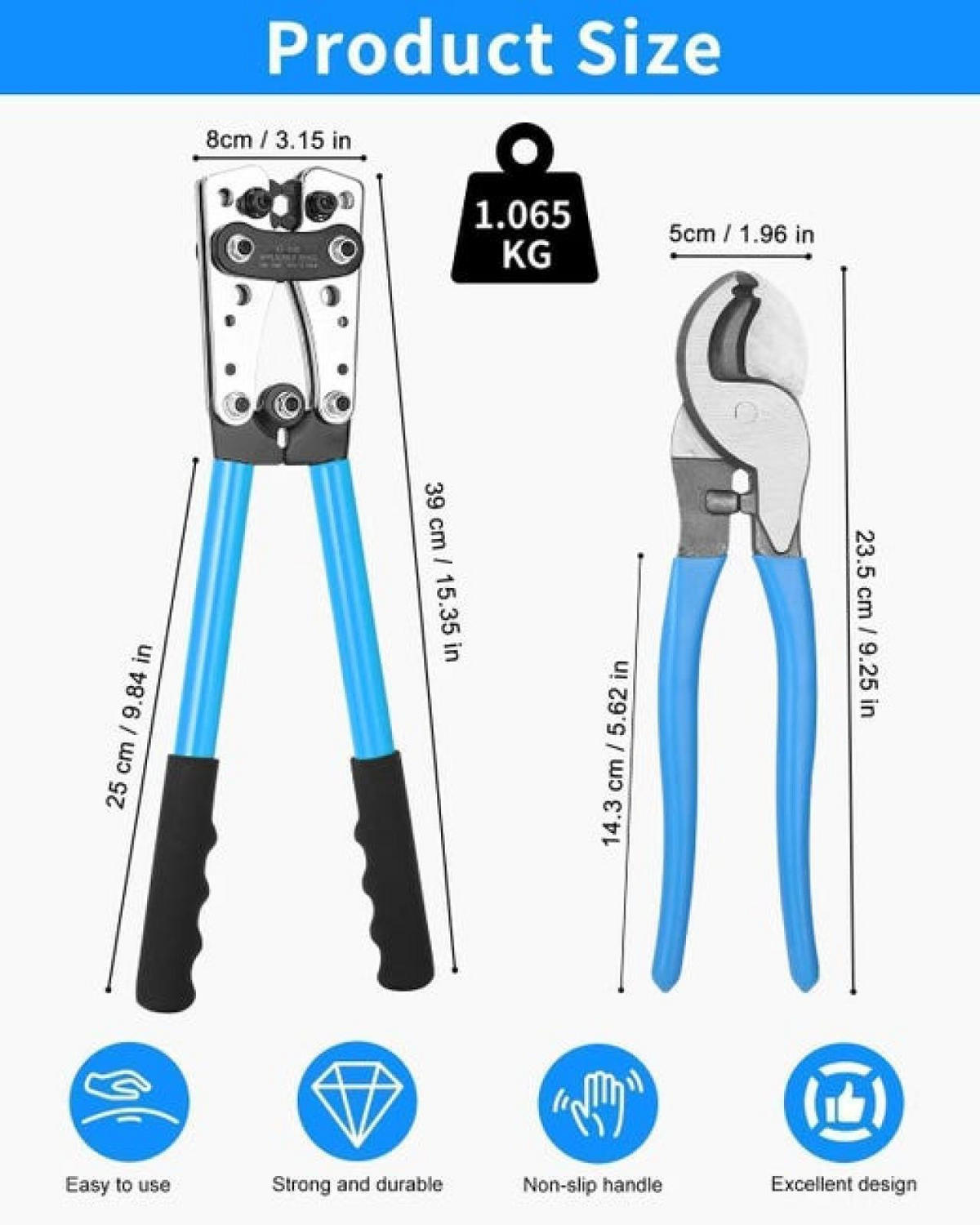 CRIMPZANGE – Für Batteriekabel der Größen 10 bis 1/0 AWG (6/10/16/25/35/50 mm²) – Inklusive Kabelschuhen, Kabelschneider und Schrumpfschläuchen - Schwarz, Metall (39/8/1cm) - DCA