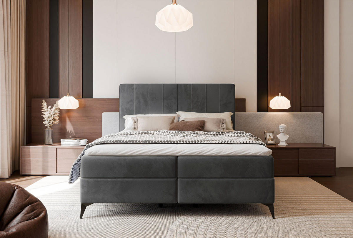 BOXBETT VERA 120x200 cm mit Matratze und Topper, Dichter wasserabweisender Samt Grau - Grau, Textil (120/200cm) - Idohome