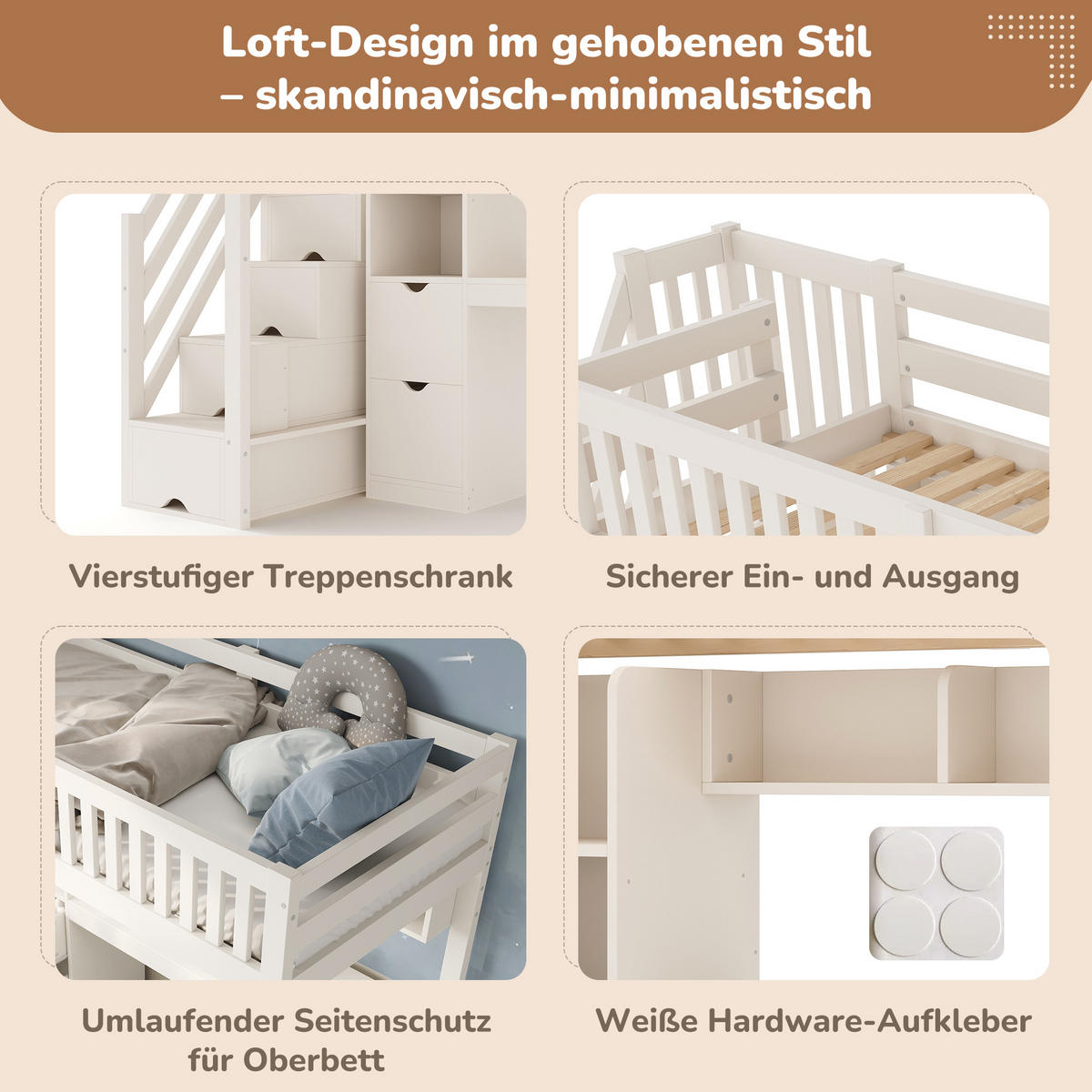 HOCHBETT 90/200 cm in Weiß mit Treppenschrank, Eckschreibtisch und Stauraum - Weiß, Holz/Holzwerkstoff (90/200cm) - WISHDOR