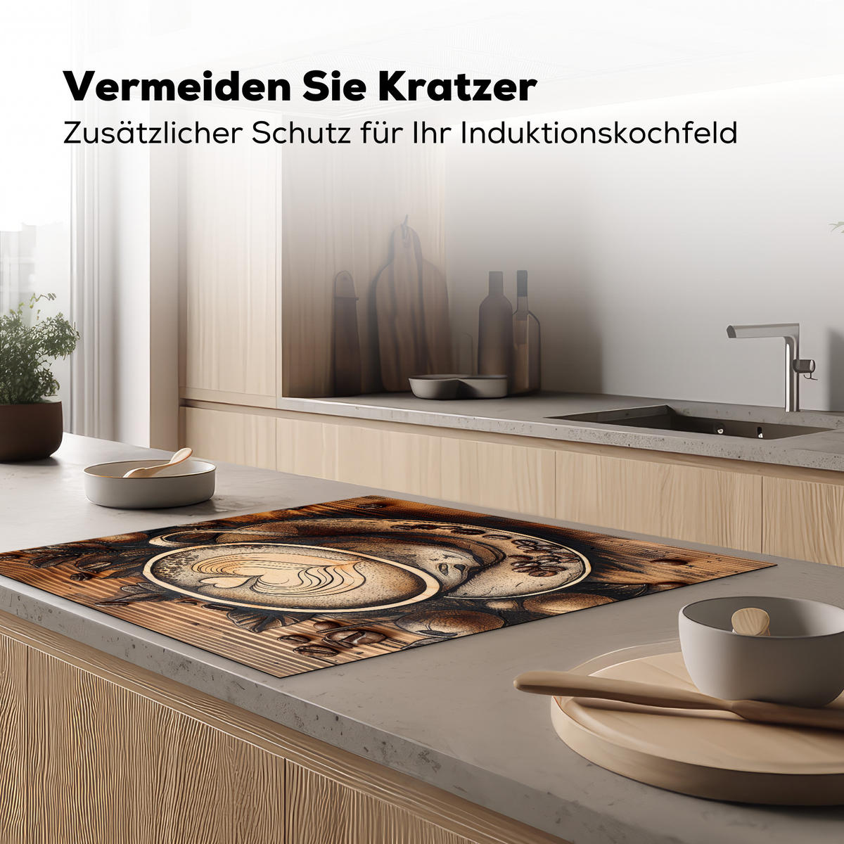 HERDABDECKPLATTE Kaffee - Vintage - Braun - Tasse - Holz Induktionsmatte 78x78 cm - Cappuccino, Kunststoff (78/78/0.2cm) - MuchoWow