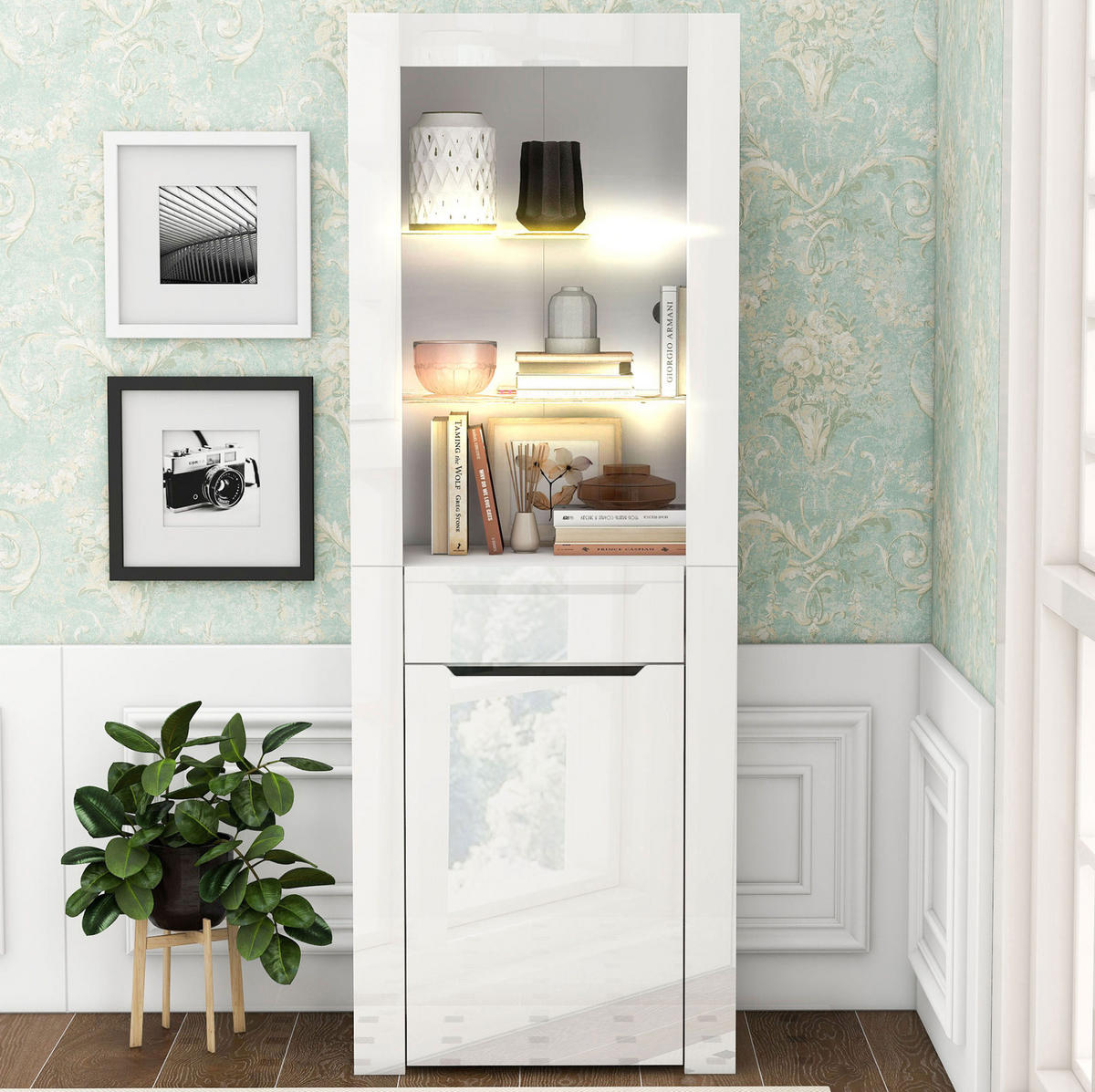 VITRINE 60/35,5/165 cm aus Spanplatte mit LED-Beleuchtung und App-Steuerung Weiß Hochglanz - Weiß, Holzwerkstoff (60/165/35.5cm) - Modenvie