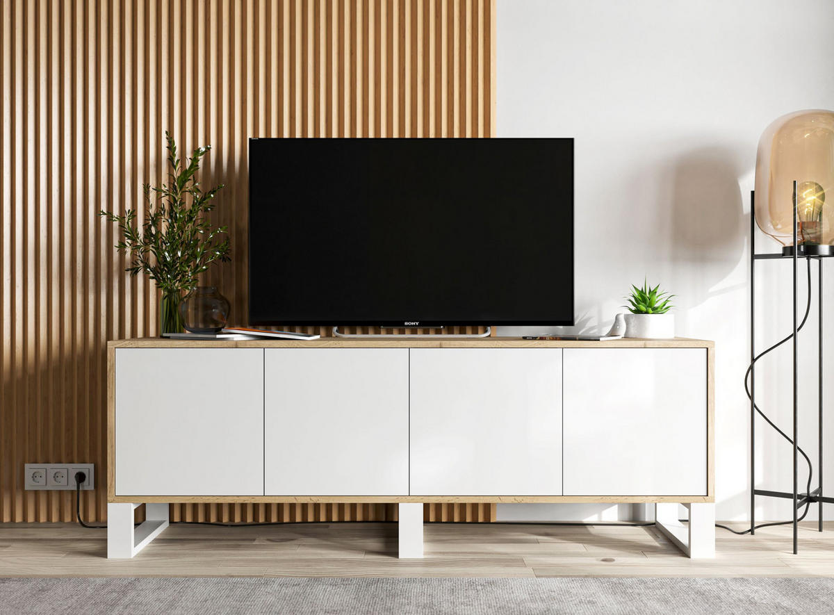 TV-SCHRANK Apollo2 Eiche wotan Weiß Matt mit Metallbeinen 150/53/35 cm - Weiß, Holzwerkstoff/Metall (150/53/35cm) - Meble Lindner