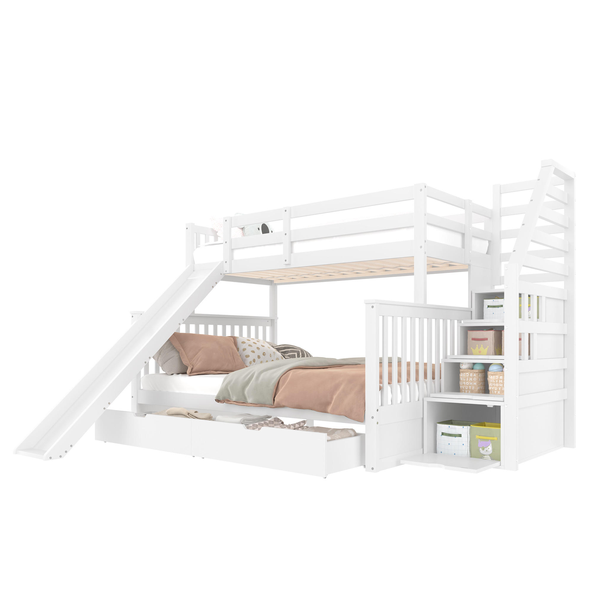 ETAGENBETT 90/200 über 140/200 cm in Antikweiß mit Rutsche und Stauraum - Weiß, Holzwerkstoff (90/200cm) - Flora Grace