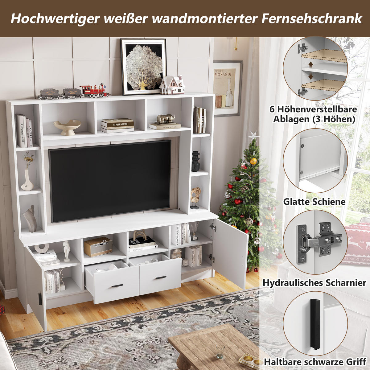 TV WOHNWAND SET 180cm Vitrine 2 Schränke 11 Fächer Weiß modern - Weiß, Holzwerkstoff (35/170/180cm) - FLIEKS