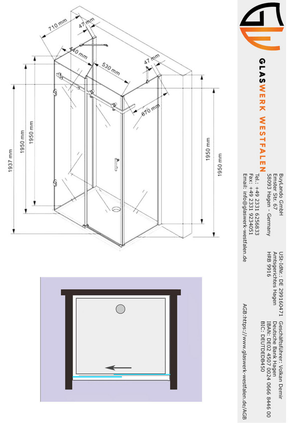 DUSCHKABINE Ida 100x80x195cm U-Form Schiebetür+DT - Silberfarben, Glas (80/100/195cm) -  Glaswerk Westfalen