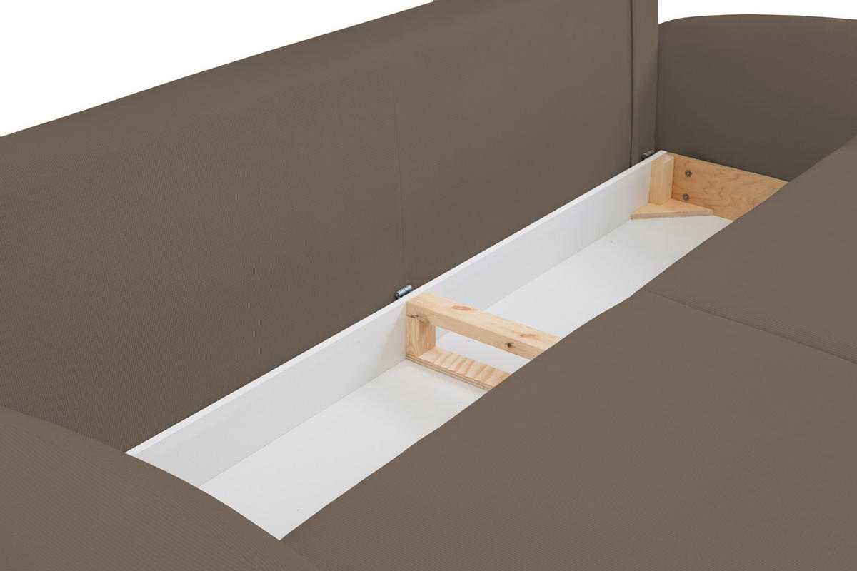 SOFA SOFT RunAgin Mit Schlaffunktion Und Bettkasten, PUR-Schaum, Schwarze Kunststofffüße, lose Rückenkissen, freistehend, 232x109x95 cm Cappuccino - Cappuccino, Holz/Textil (232/95/109cm) - DomoHome