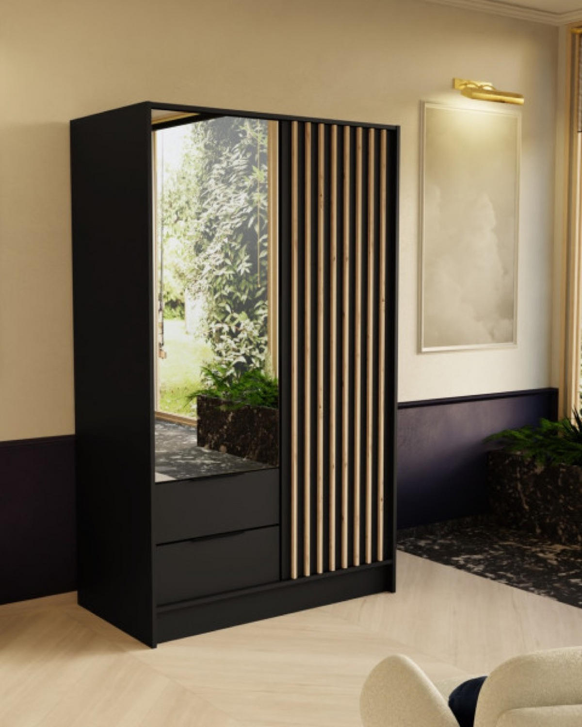 SCHRANK Schwarz ORE 102 Mit Lamellen Und Spiegel Craft Gold - Eichefarben/Goldfarben, Holzwerkstoff (102/200/51cm) - Sepro Meble