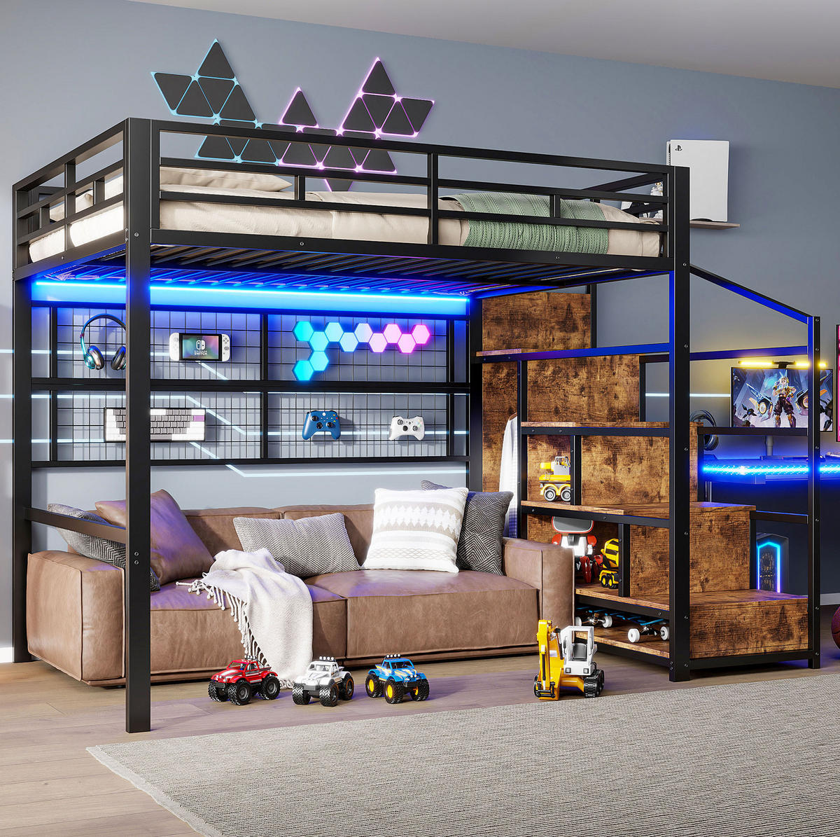 HOCHBETT 140/200 cm aus Metall/MDF mit Stauraumleiter, Kleiderschrank und 7-Farben-LED Schwarz - Schwarz, Metall (140/200cm) - Modenvie