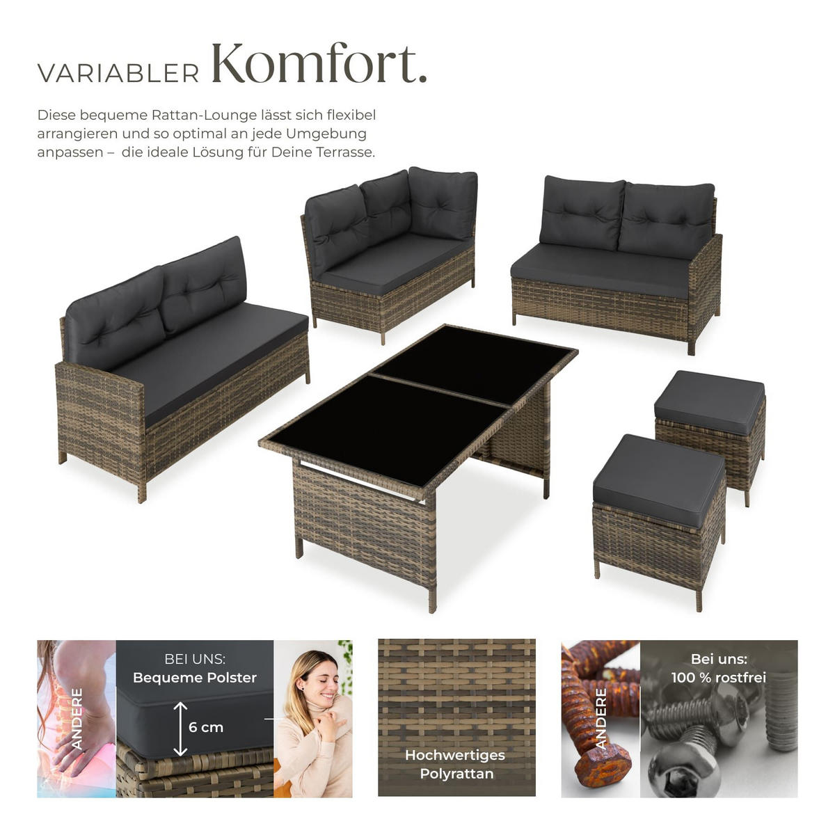 RATTANLOUNGE Barletta, mit Sicherheitsglasplatten, natur - Naturfarben, Kunststoff - tectake