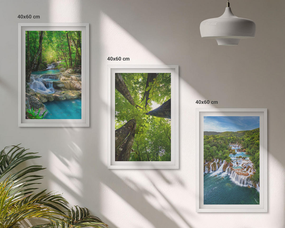 BILDER SET 3er Set - 40x60 cm Weißer Rahmen - Wasserfälle grüner Wald Wasser - Weiß, Kunststoff (40/60cm) - TULUP