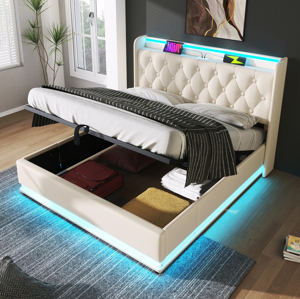 POLSTERBETT mit LED und Stauraum 160x200 cm PU Weiß - Weiß, Metall (160/200cm) - Meubliv