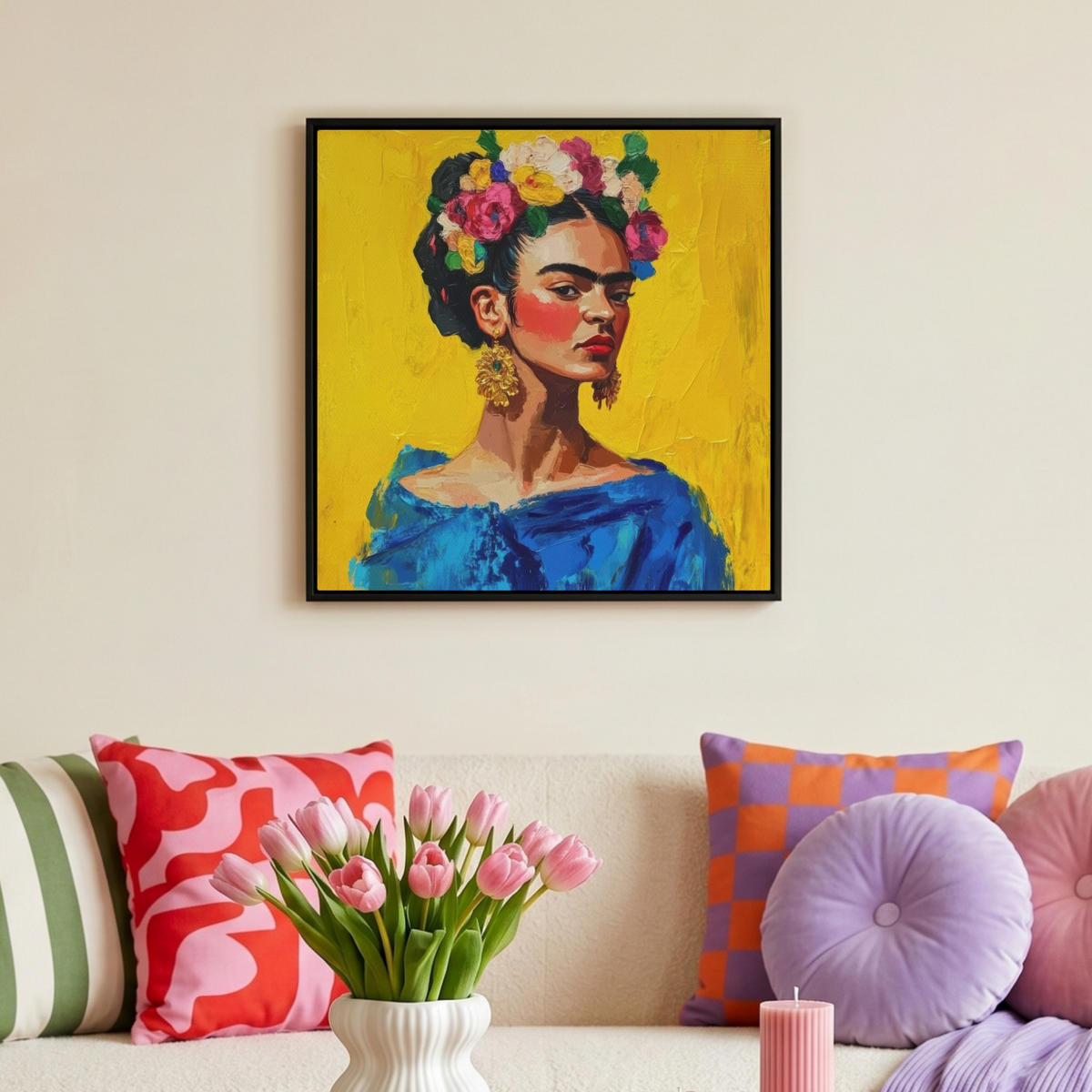 LEINWAND Bilder mit Rahmen - Frida Kahlo - Frau - Gelb - Blau - Blumen - 50x50 - Gelb, Textil (50/50cm) - MuchoWow