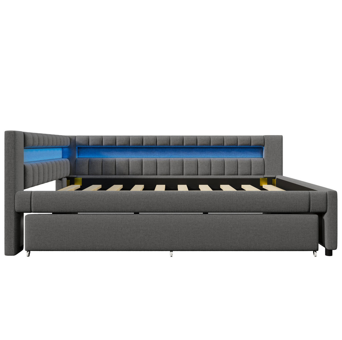 POLSTERBETT 140/200 cm Grau mit Ausziehbett LED-Beleuchtung und USB- und Type-C-Anschlüssen - Grau, Textil (140/200cm) - OKWISH