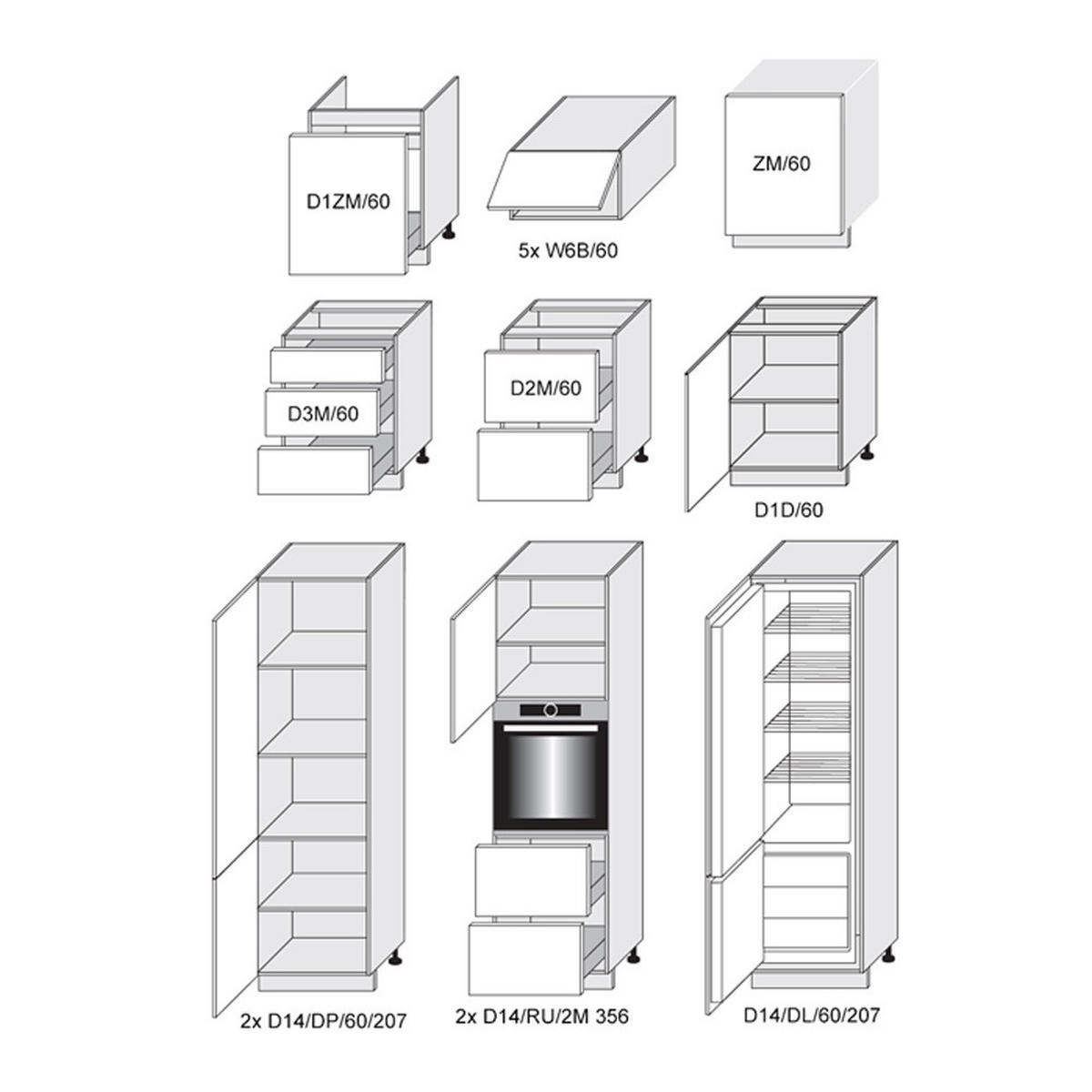 KÜCHENLEERBLOCK Kvantum weiß matt / mint matt, Arbeitsplatte und Abschlussrahmen Grey Craft Oak 15-teilig - Weiß, Holzwerkstoff/Metall (304/243/60cm) - Feldmann-Wohnen