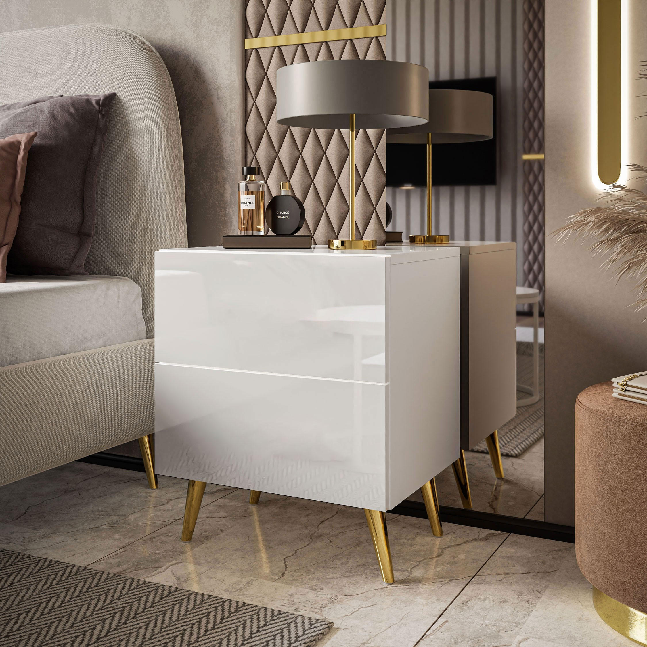 NACHTTISCH AURA LUX PUSH OPEN auf Beinen – Beinfarbe: Gold - Weiß, Holzwerkstoff (45/55/38.5cm) - Lookway