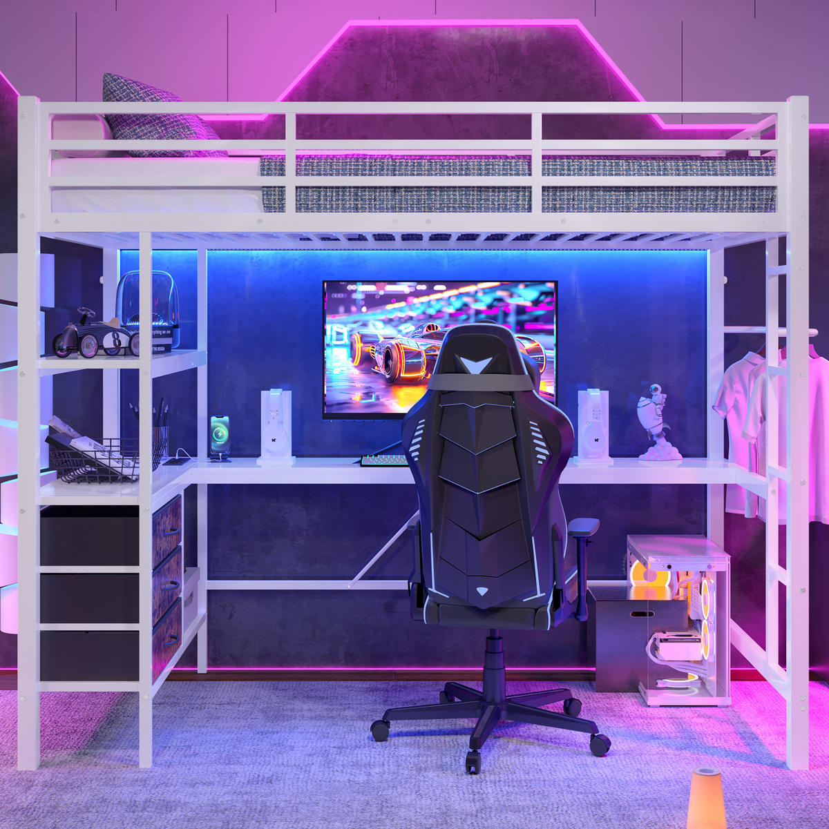 HOCHBETT mit Schreibtisch 90/200 cm in Weiß – mit Stauraum, Treppe und LED-Licht - Weiß, Metall (90/200cm) - BEAOK