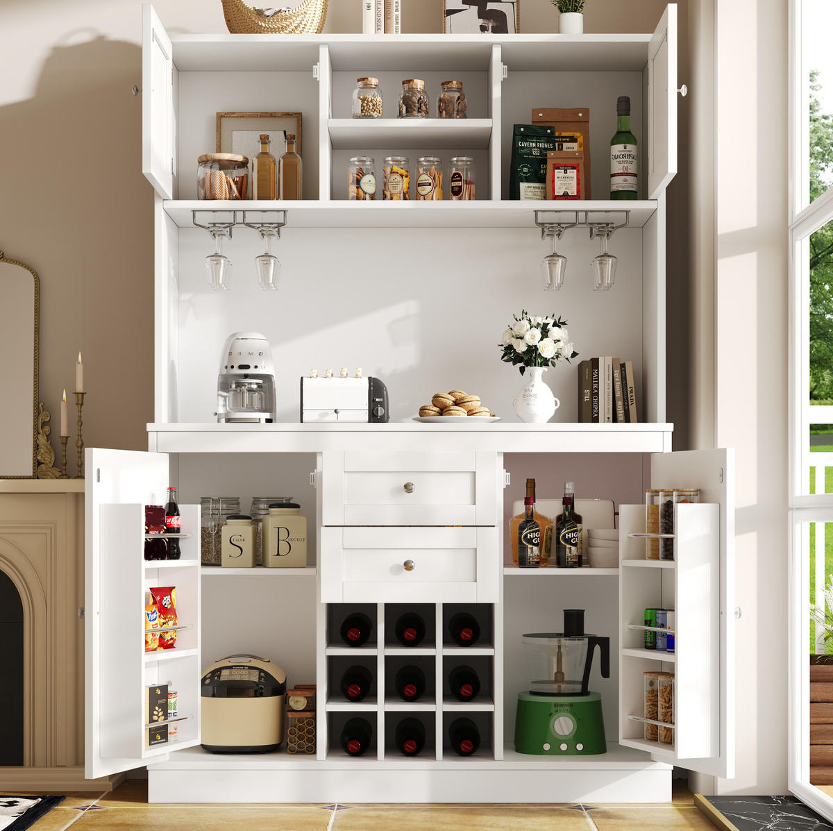 BUFFET 120/40/188 cm aus MDF und Metall mit verstellbaren Einlegeböden und Weinregal Weiß - Weiß, Holzwerkstoff (106/179.5/40cm) - Modenvie
