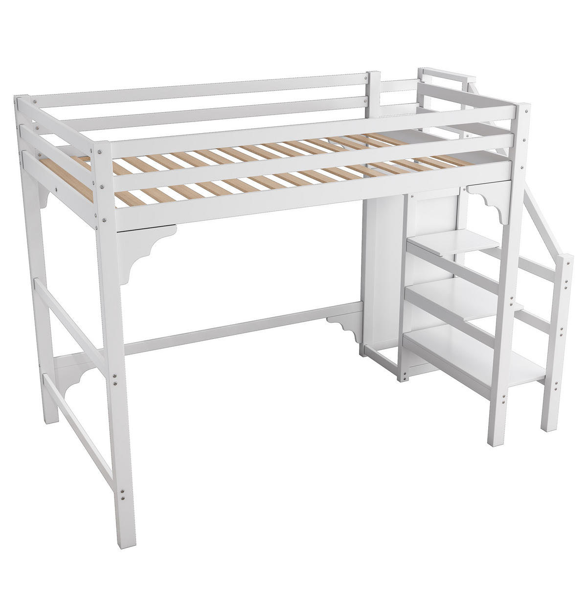 HOCHBETT 140/200 cm Weiß mit Kleiderschrank und Stufentreppe - Weiß, Holz (140/200cm) - OKWISH