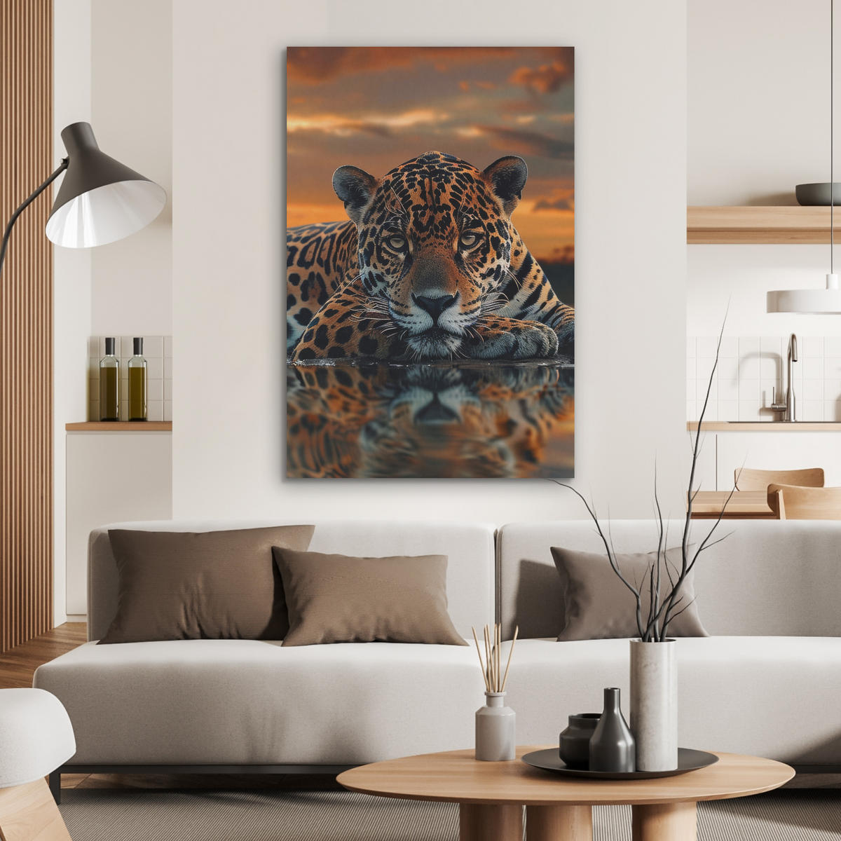 AKUSTIKBILD Natur - Leopard - Tier - Sonnenuntergang - Modern Wanddeko 60x90 cm - Orange, Kunststoff (60/90/0.9cm) - MuchoWow