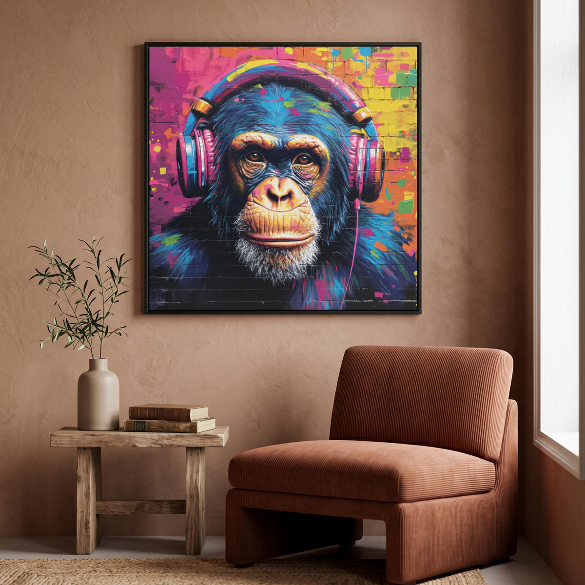 LEINWAND Bilder mit Rahmen - Graffiti - Schimpanse - Straßenkunst - Kopfhörer - Affe - 90x90 - Blau, Textil (90/90cm) - MuchoWow