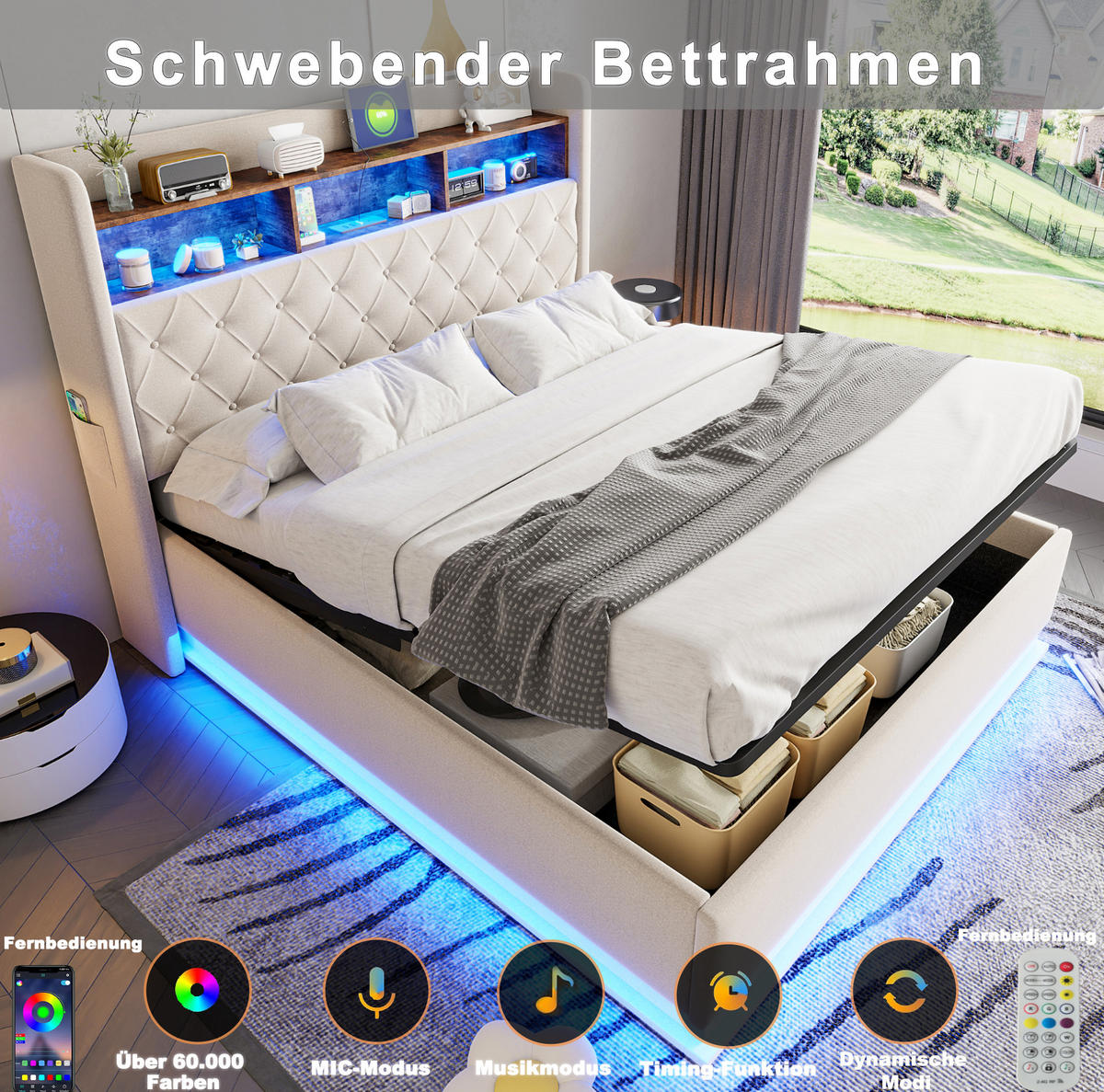 ČALÚNENÁ posteľ z látky 180x200 cm béžová s LED osvetlením, USB portom a hydraulickým úložným priestorom - béžová, textil (180/200cm) - Modfu