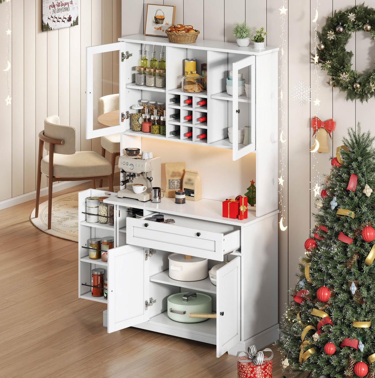 BUFFETSCHRANK aus MDF 105x40x180 cm Weiß mit LED-Beleuchtung, Steckdosenleiste und Weinregal - Weiß, Holzwerkstoff (105/180/40cm) - IVMEU