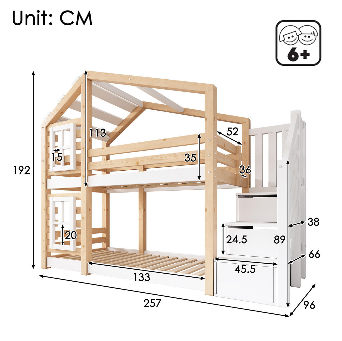 KREVET na kat 90/200 cm prirodna i bijela od masivnog drva i MDF-a sa spremištem - prirodne boje, drvni materijal (90/200cm) - OKWISH