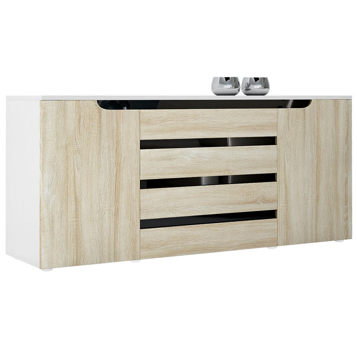 SIDEBOARD Sintra Eiche sägerau / Schwarz Hochglanz - Eiche San Remo, Holzwerkstoff (166/72/35cm) - Vladon