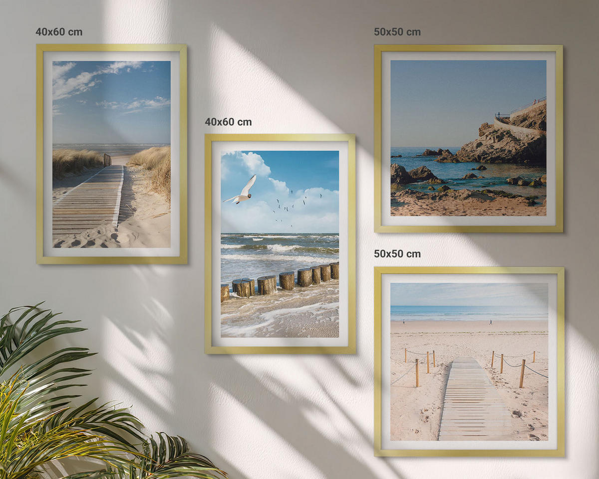 WANDBILDER 4er Set - 50x50 cm & 40x60 cm Goldrahmen - Strand, Sand, Wellen, Himmel, Vögel - Goldfarben, Kunststoff (50/50cm) - ArtPrintCave