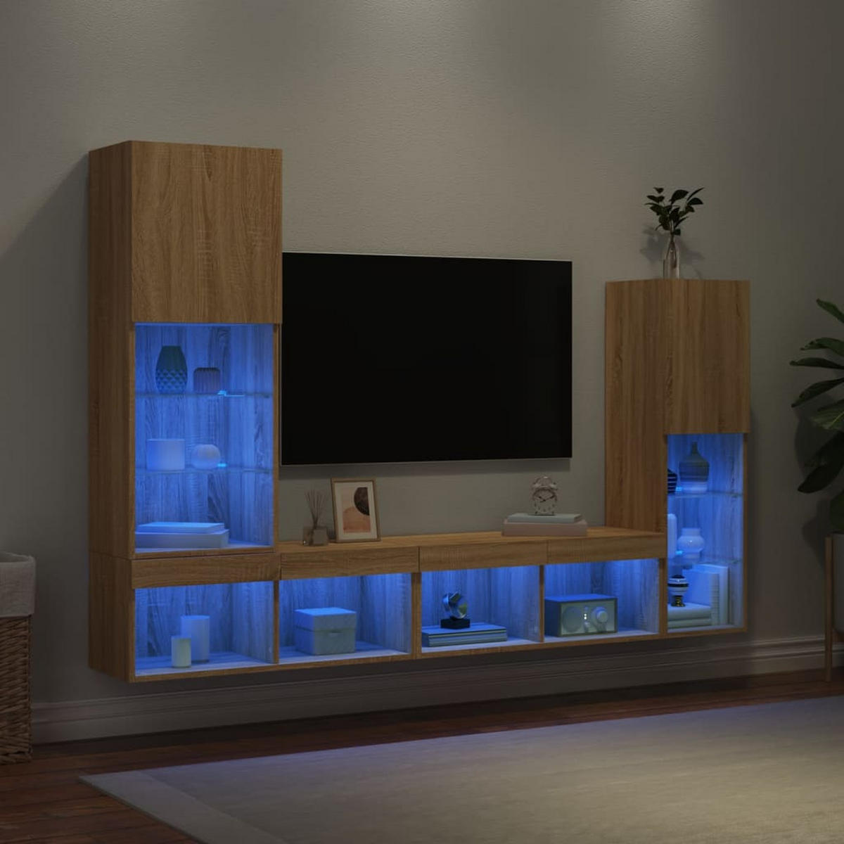 WOHNWAND Mit Led-Beleuchtung Sonoma-Eiche Holzwerkstoff 4-teilig - Braun, Holzwerkstoff (30/102/40.5cm) - vidaXL