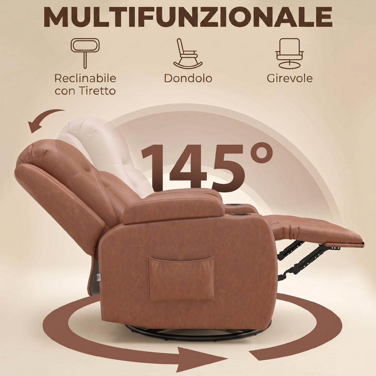 MASSAGESESSEL,MANUELL 150° Wärme Fernbedienung Getränkehalter PU-Leder,hellbraun - Braun, Leder (85/104/94cm) - Vallsero