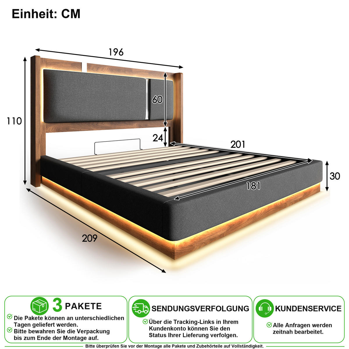 ČALOUNĚNÁ POSTEL 180/200 cm v šedé a ořechové barvě s LED a úložným prostorem - šedá, kov/kompozitní dřevo (180/200cm) - CHICFURN