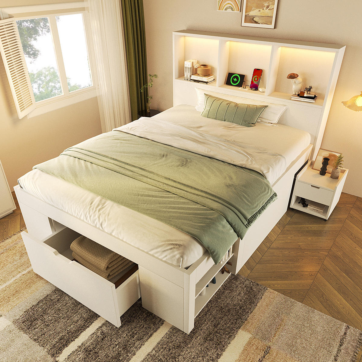 FUNKTIONSBETT 90/200 cm mit LED-Beleuchtung, USB-C, Stauraum und beweglichem Nachttisch aus Holz, Weiß - Weiß, Holzwerkstoff (90/200cm) - Redom