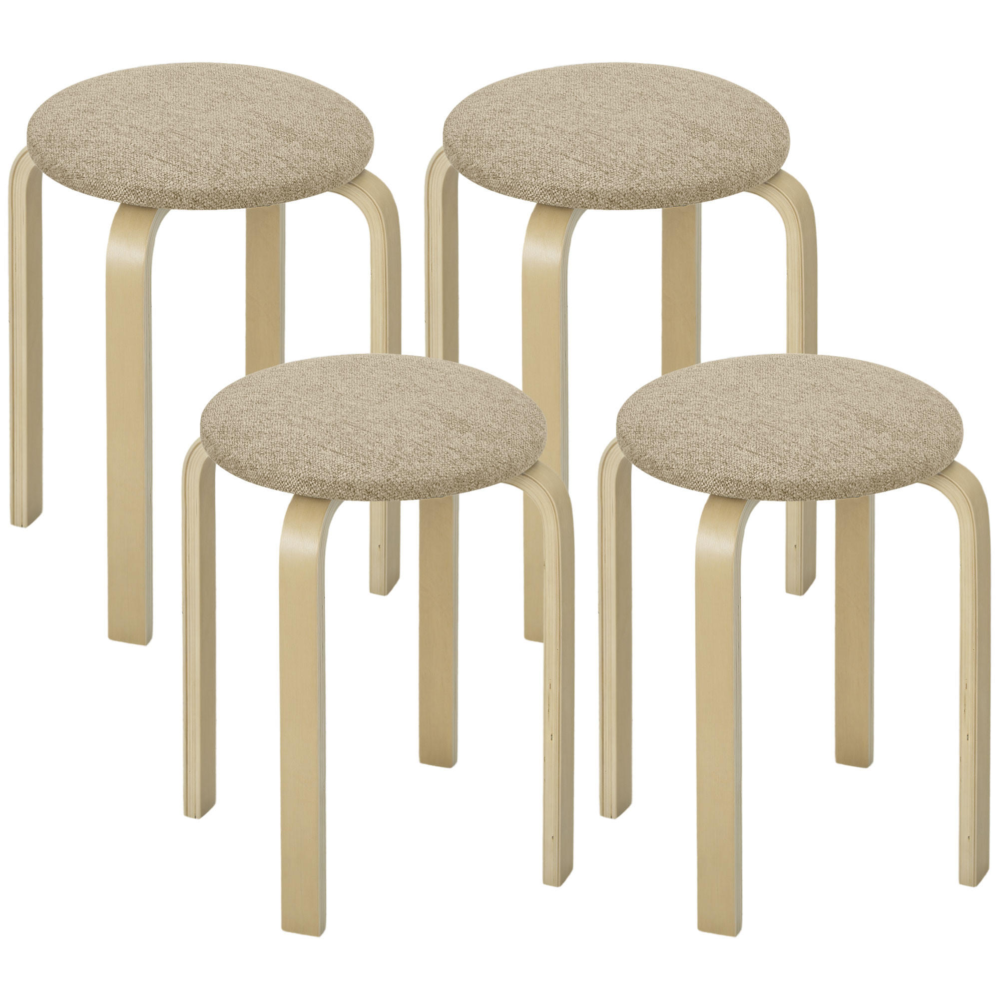 HOCKER 4er-Set DE-13362 stapelbar & gepolstert Kaki - Mokka, Holz (40/45/40cm) - ComfortXL