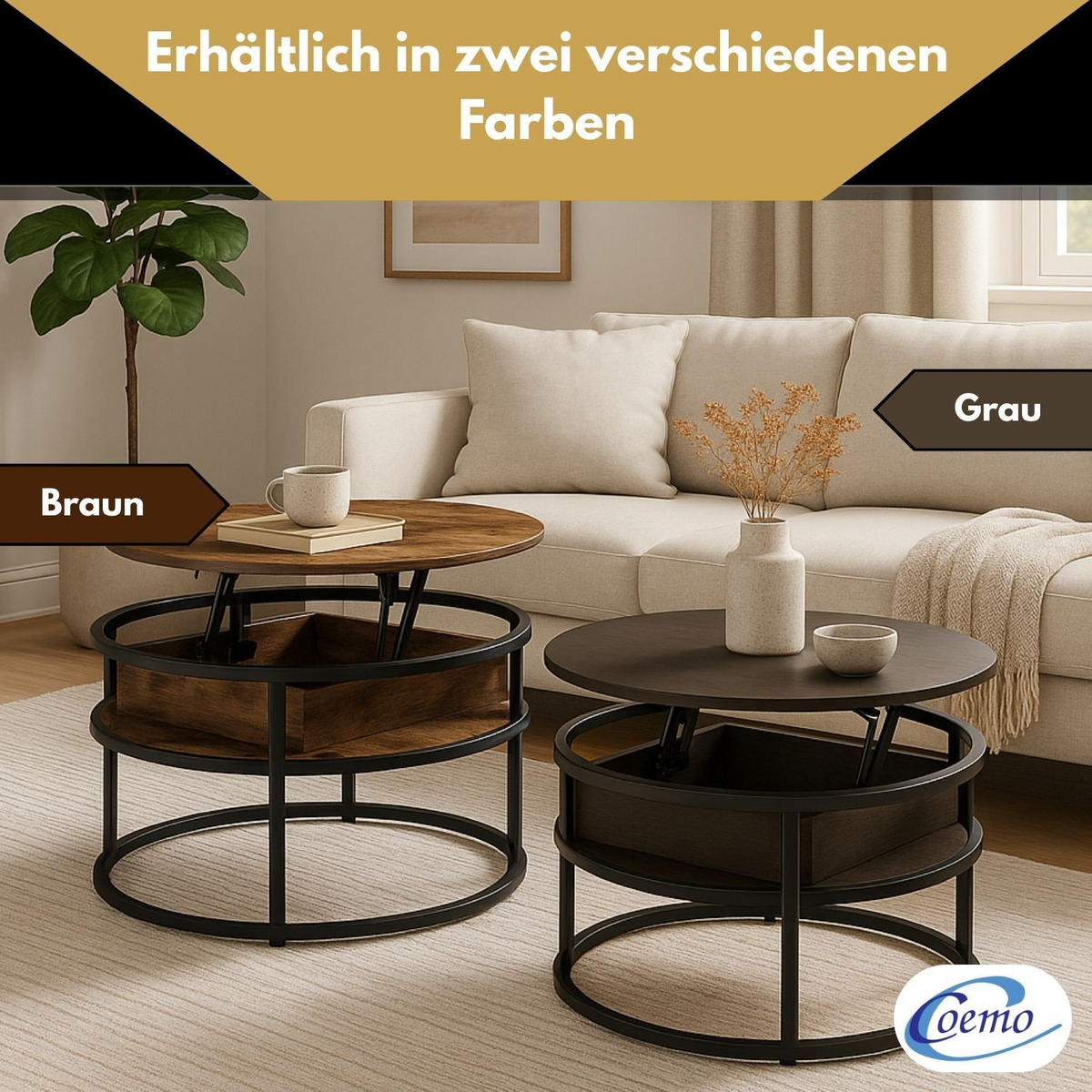 COUCHTISCH SWING Grau verstellbare Tischplatte Aufbewahrungsfach - Grau, Metall (80/80/47cm) - Coemo