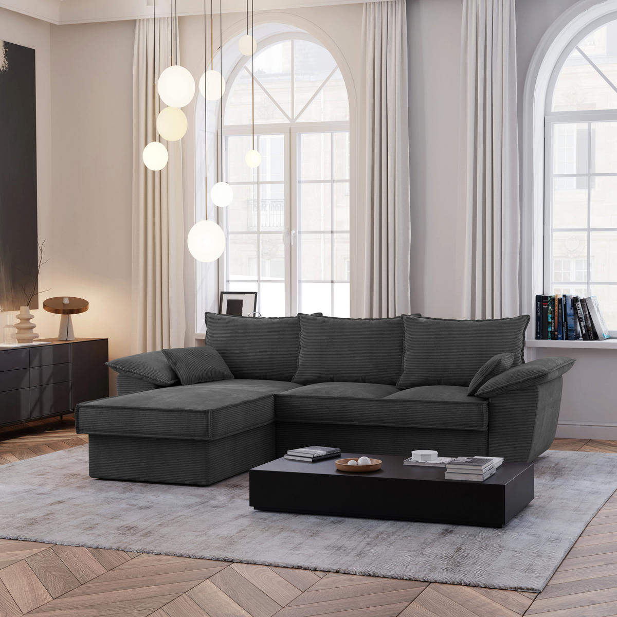 ECKSOFA LINKS Gerippter Samt Anthrazitgrau 257cm - Dunkelgrau/Anthrazit, Textil (168/257cm) - Sia Home