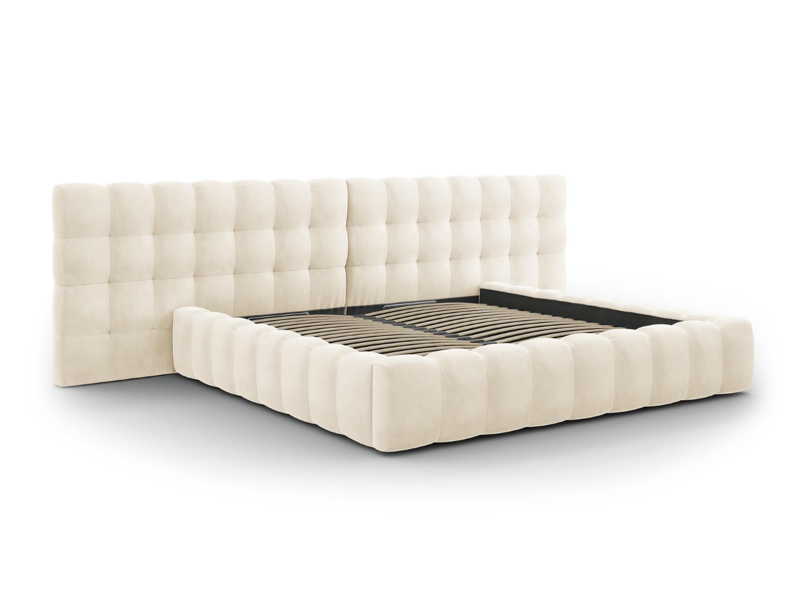 BETT mit Bettkasten und Doppelkopfteil Mamaia aus Samt leichtes beige 200x200cm - Beige, Textil (200/200cm) - Micadoni