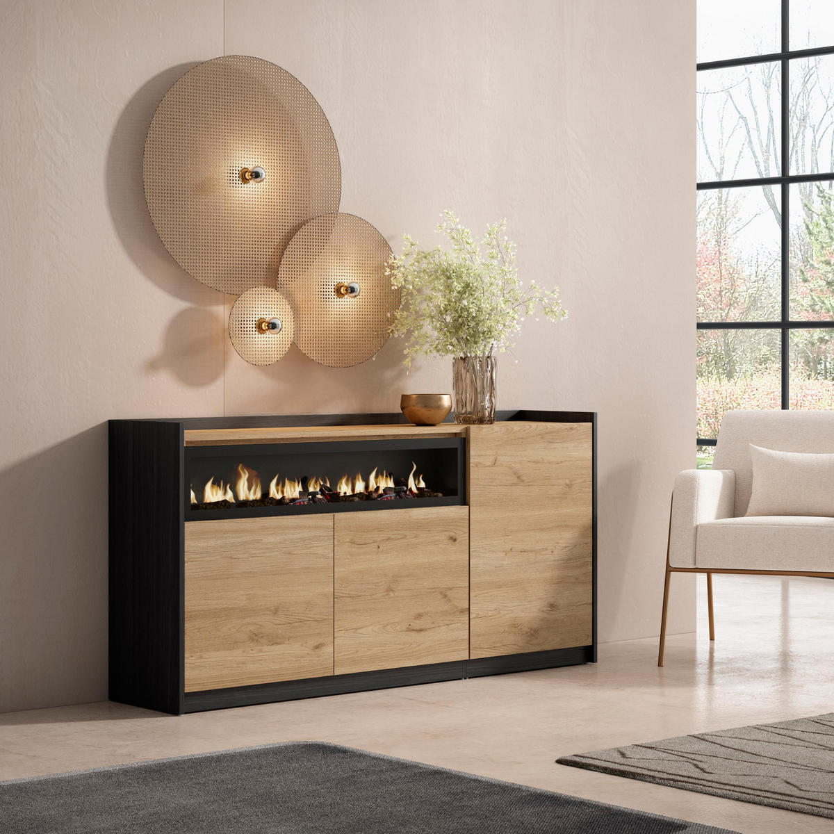 SIDEBOARD, Highboard, Eiche Schwarz, Elektrokamin, 156/37/80cm - Eichefarben, Holzwerkstoff (156/80/37cm) - Skraut Home