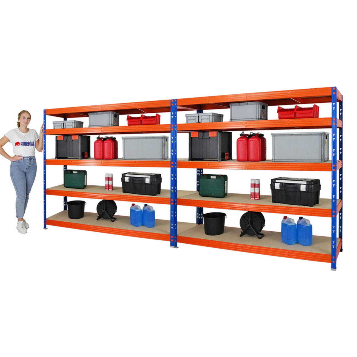 SCHWERLASTREGAL Rhino 2er-Set mit 2x 180x200x60 cm 5 Spanplatten-Ebenen 8mm Fachlast 500 kg Blau/Orange - Orange, Metall (400/180/60cm) - PROREGAL